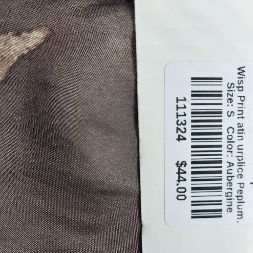 Grade & Gather Wisp Print Aubergine Satin Peplum Top - Picture 6 of 10